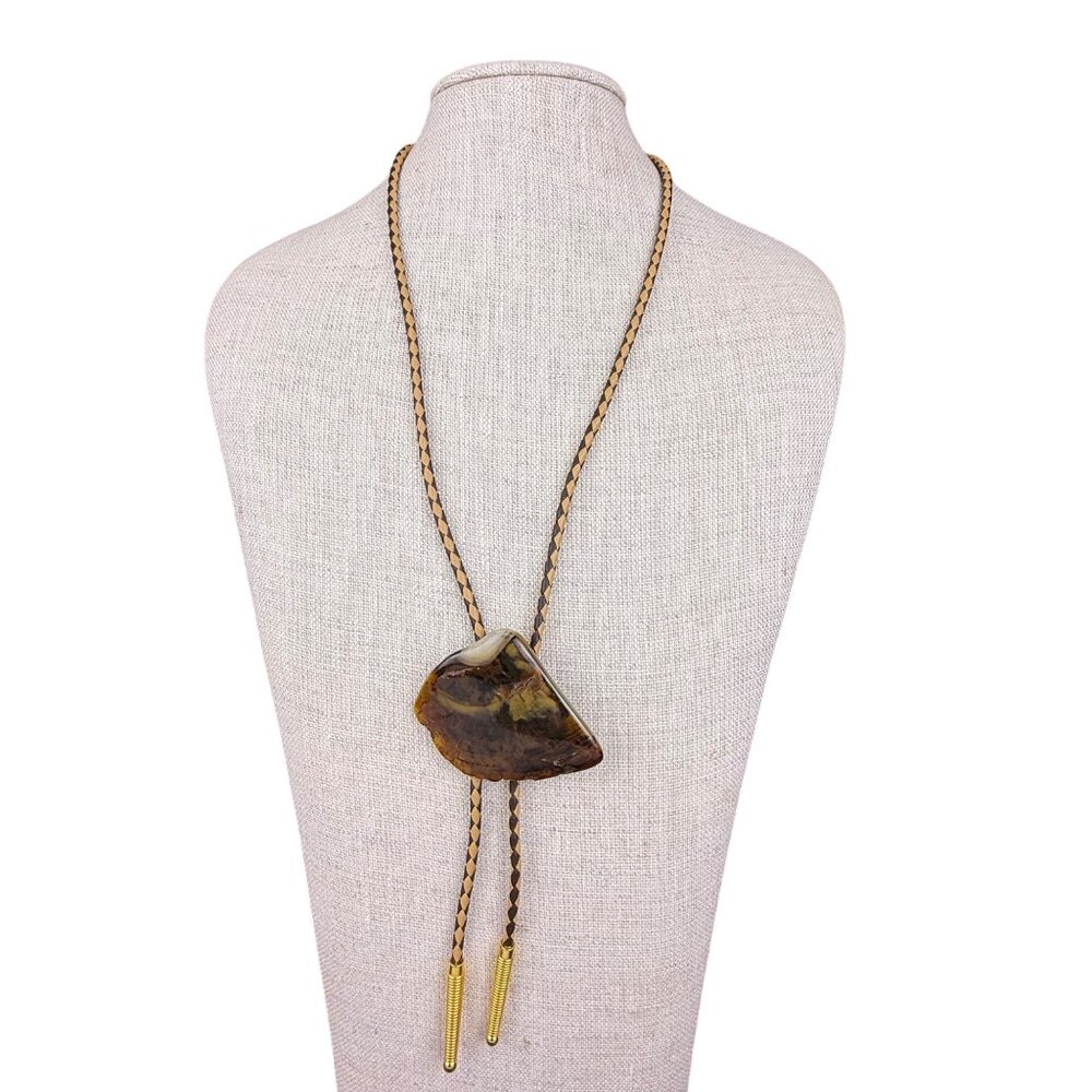 Handcrafted Vintage Braided Leather Stone Bolo Tie Brown Goldtone Agate Rock Pen